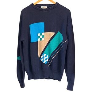 Vintage 90s Izod Club Sweater Geometric Retro Navy Blue Cotton Knit Pullover L